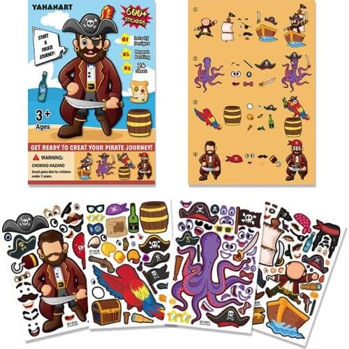 4 Pcs Pirate Kingdom Kids DIY Stickers Make A Face Puzzle Games Sticker Sheet Birthday Party Gift Children Toddlers Paste Craf