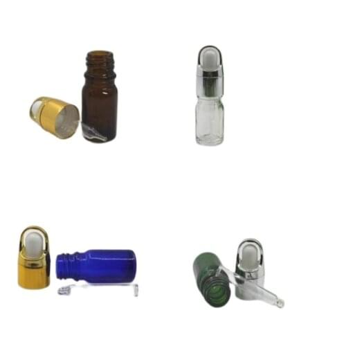 5ml green/blue/brown/clear glass bottle with gold silver basket lid white black bulb for essential oil serum liquid skin packing