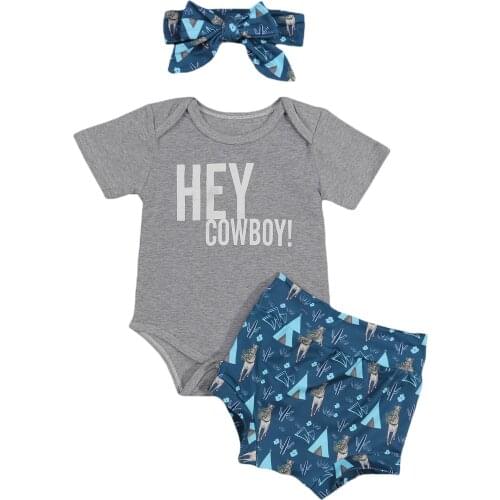 Baby 3Pcs Summer Outfits, Short Sleeve Letter Print Romper + Cartoon Shorts + Bow Headband Set