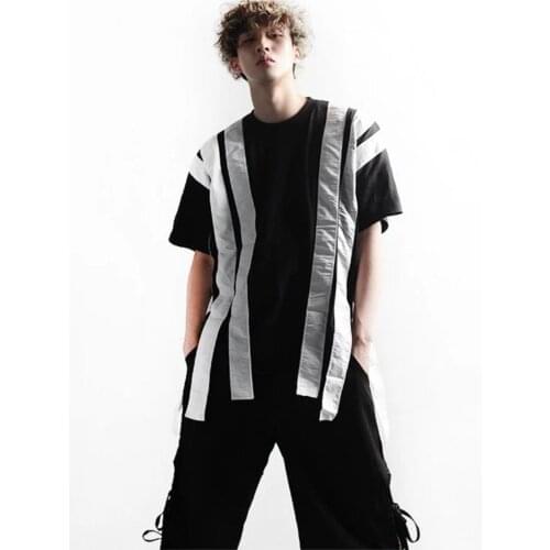 Mens summer new Korean version personality trend color stripe splice youth all-match half-sleeve T shirt