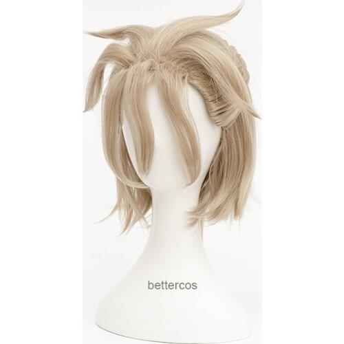 Genshin Impact Albedo Cosplay Wig Short Linen Gold Heat Resistant Synthetic Hair Wig + Wig Cap