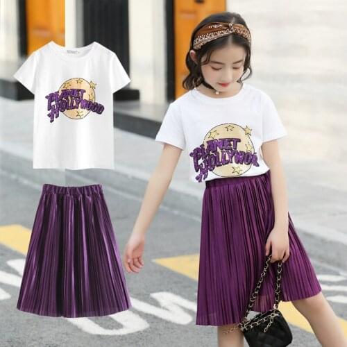 Toddler girls skirt sets summer fashion children short sleeve t-shirt and solid skirt kids costume teenage outfits for 4 6 8 12T