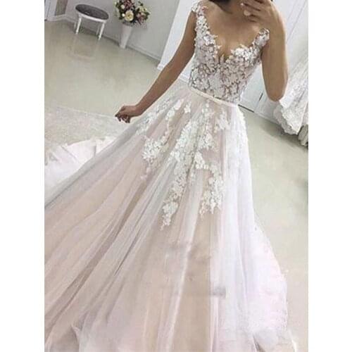 Sexy decal A-line wedding dress 2020Vestidos de Novia floor length tulle V-neck lace formal bridal gown