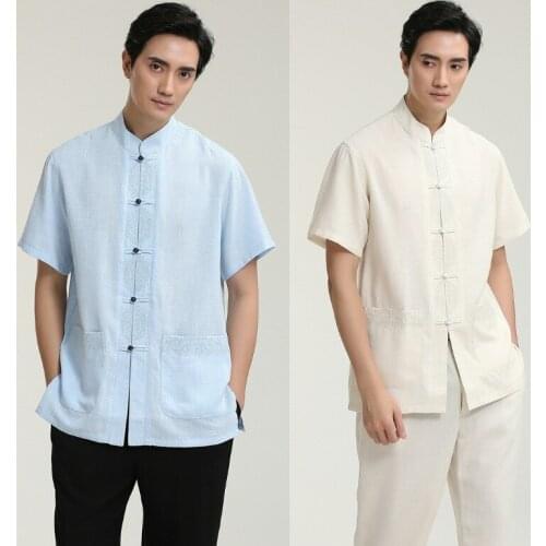 Summer Chinese Embroider Blouse MenS Short Sleeve Solid Cotton Linen Kung Fu Shirt Top T-Shirts For Male Tops Футболки Мужские