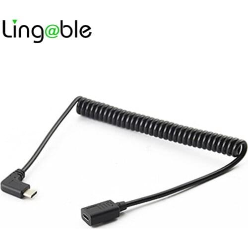 Lingable Right Angle 90 Degree USB 2.0 Type C Male to Female Coiled Cable 1.5M USB-C Adapter Cable For Smart Phone Portable