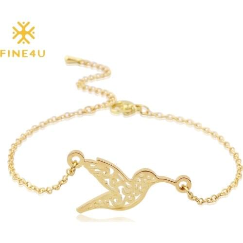 FINE4U B205 Cute Humming-Bird Charm Bracelet Stainless Steel Link Chain Bracelet Trendy Flying Bird Bangles Party Gift