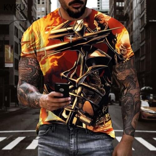 KYKU Brand Skull T-shirt Men Flame Tshirts Casual Motorcycle Anime Clothes Hip Hop T-shirts 3d Short Sleeve Punk Rock Printed