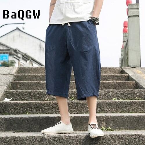 Mens Casual Harem Linen Pants Baggy Wide Leg Pants Bandeges Calf-length Cotton Large Size 5XL Hip Hop Capris Mens Trousers