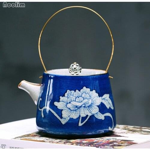 NOOLIM 200ml Blue and White Porcelain Pot Antique Hand-painted Peony Teapot Jingdezhen Ceramic Indigo Glaze Ice Crack Coffee Pot