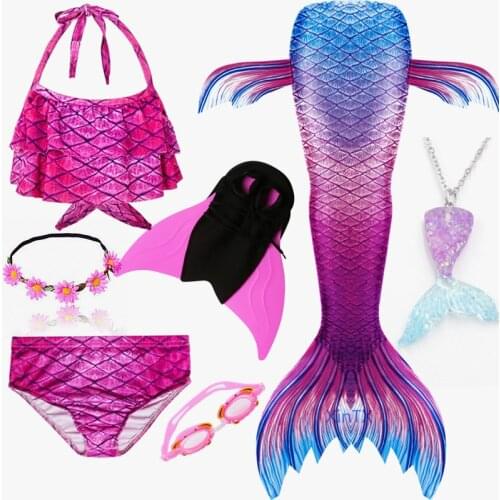 NEW!Kids Girl Ariel Mermaid tail with Monofin Swimsuit Bathing Suit for Swimming Cosplay with Garland Mermaid Necklace Swimdress