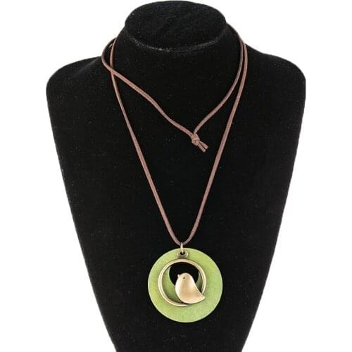 New Vintage Long Necklace Fashion Handmade Jewelry worn wood Rope Leather Banner Bird Charm Pendant Necklace Green