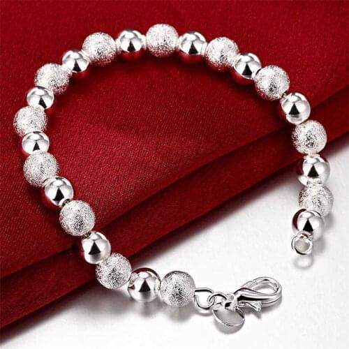 NEW 925 Silver Smooth Matte 8mm Bead Chain Bracelet For Woman Charm Wedding Engagement Fashion Party Jewelry