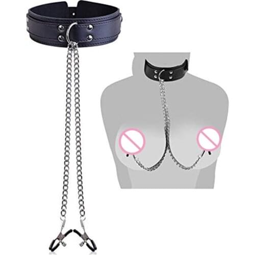 Faux Leather Choker Collar With Nipple Breast Clamp Clip Chain Couple BDSM Sex Toys For Woman Sex Tools For Couples Adult Games