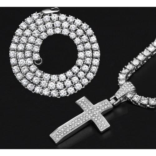Hip Hop Baguette Cross Iced Out Bling Cubic Zircon AAA CZ Necklace & Pendant For Men Jewelry With 4mm Tennis Chain