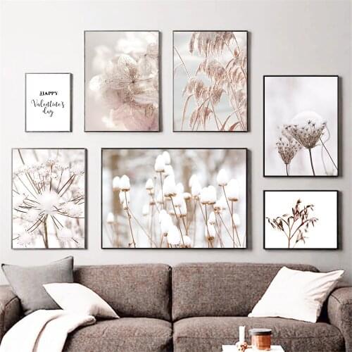 Scandinavian Pink Flower Canvas Painting Nordic Nature Plant Poster Winter Landscape Botanical Print Wall Art Picture Home Decor