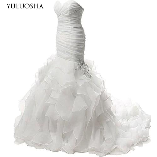 YULUOSHA 2020 New Arrvial A-Line Wedding Dresses Strapless Organza Sleeveless Appliques Beading Lace Up Vestido Bridal Gown