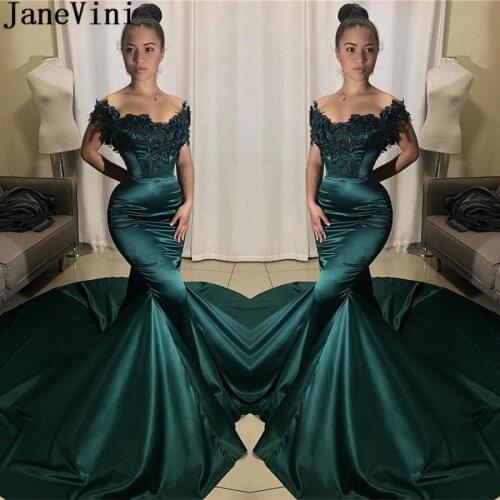 JaneVini Dark Green Evening Party Dress Long Beaded Applique Court Train Dubai Mermaid Evening Dresses Fit Zipper Ladies Gowns