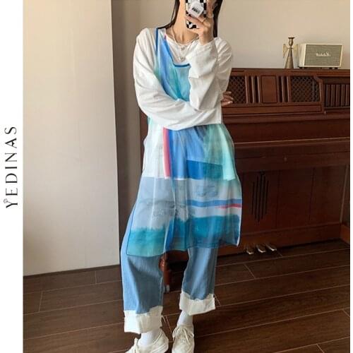 Yedinas Sexy Sheer Mesh Dress Sleeveless Women Summer Tie Dye Transparent See Through Vestidos Japanese V-neck Split Midi Dress