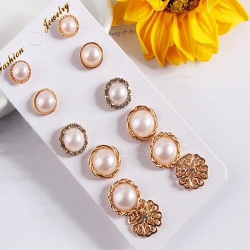 Hot Fashion Cute Retro Crystal Flower Round Simulated Pearls Stud Earring Sets For Women Ear Jewelry Pendientes Brincos