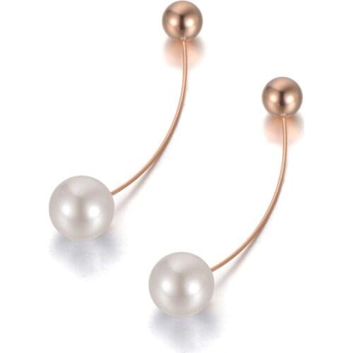 Trendy Titanium Steel Geometric Double Beads Pearl Earrings For Women Bohemia Rose Gold Hyperbole Earring Jewelry E19211