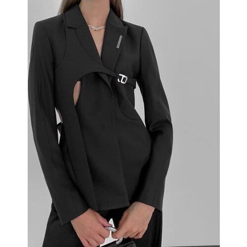 Free Shipping Designer Fashion Black Blazer Women 2021 Autumn Stylish Hollow Out Slim Blazers Jackets High Street