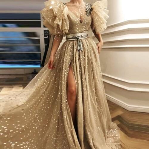 Champagne Evening Dresses Long Elegant Evening Gowns vestido de festa longo Formal Party Dress robe de soiree Formal Dress Women