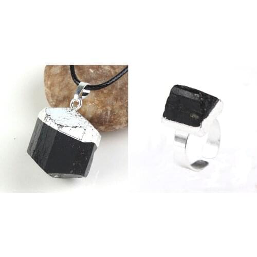 100-Unique Silver Plated Irregular Shape Black Tourmaline Stone Pendant Finger Ring Fashion Jewelry Set