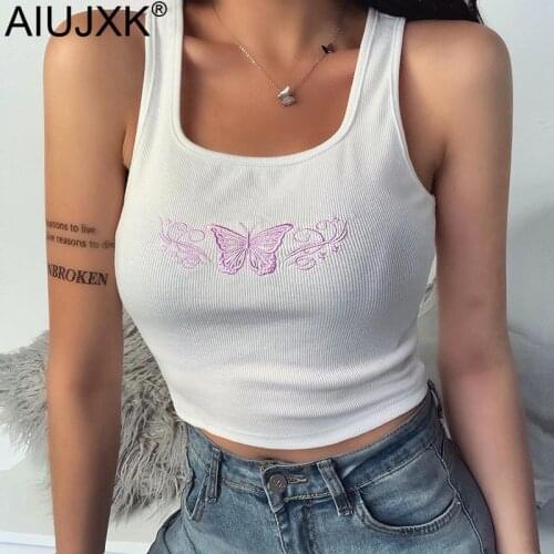 AIUJXK New 2020 Summer Butterfly Embroidery Tank Tops Women Fashion Elastic Ribbed Crop Top Streetwear Cropped Woman T Shirt