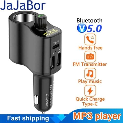 JaJaBor Bluetooth 5.0 Car Kit Handsfree Wireless FM Transmitter Car Music Player Type-C Charging Port Support U Disk Playback