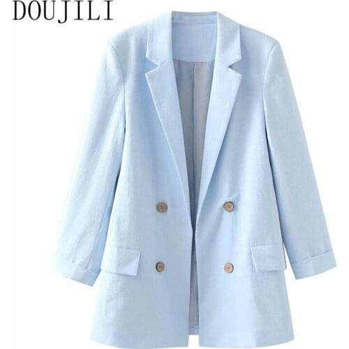DOUJILI Casual Wearing Suit Blazer V Neck Light Blue Color Long Sleeve Buttons Pocket Fashion Office Ladies Blazers Coat