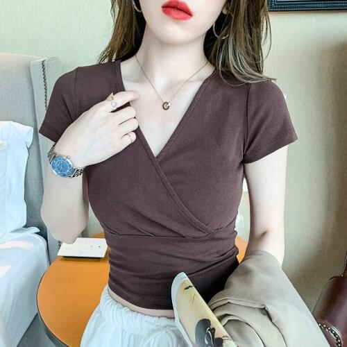 2021 Summer Short Sleeve Cross Short Tshirt Cotton Women Korean T-shirt Womens Tees Deep V-Neck Sexy Tops Green Coffee
