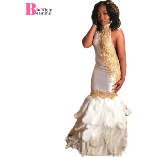 Beautifulinwhite White Feather Prom Dresses With Gold Lace Appliques Backless High Neck Mermaid Evening Robe De Soiree BP043