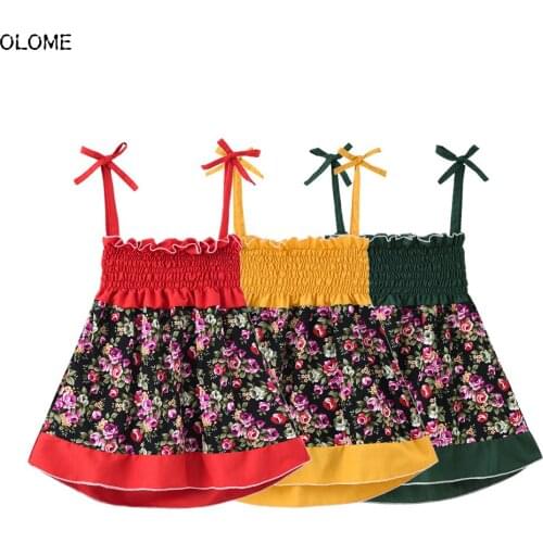 OLOME Summer Floral Camisole Girls Dresses Beach Fashion Kid Girls Brace Skirts with Elastic Bohemian Style Little Girls Dress