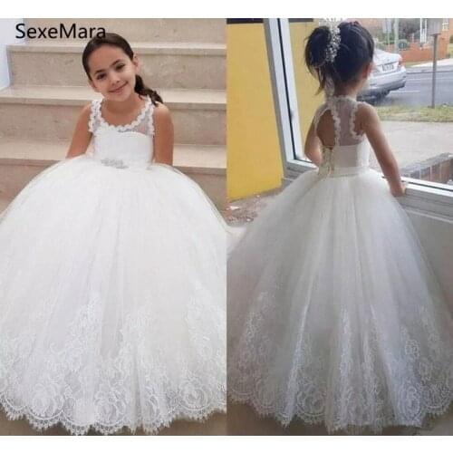 Lovely White Lace Ball Gown Flower Girl Dresses For Little Princess Pageant Party Holiday Gown First Communion Dresses Size2-14Y