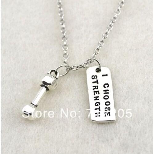 Fashion antique silver plated beauty dumbbell and Vintage Rectangle I Choose Strength sports necklace