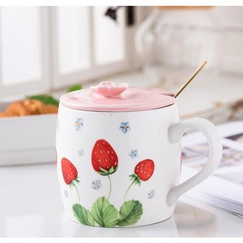 New Ins Cute Girl Children Ceramic Cup Strawberry Limited Mug With Lid Spoon Cartoon Milk Breakfast Water Cup