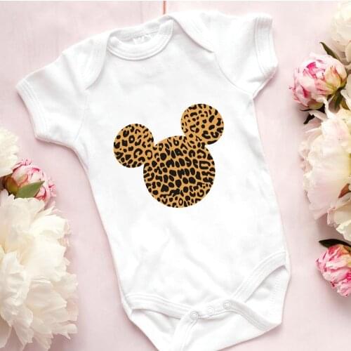 Disney Leopard Mickey Mouse Head Print Fashion Harajuku Newborn Jumpsuit Casual Top Baby Girl Boy Onesie