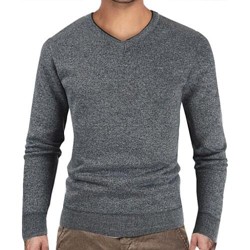 Mens Autumn Winter New Casual V-neck and Velvet Pullover Sweater Fashion Solid Color Sweater