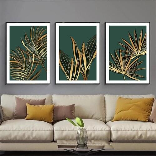 Gold Plant Leaves Wall Painting Posters and Prints Green Abstract Leaf Wall Art Poster Modern Wall Pictures Living Room Decor