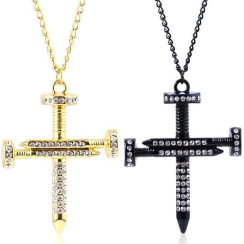 2021 New Hip-hop Style Rhinestone Nail Necklace Black Golden Geometric Nail Cross Necklace for Man Gift Jewelry Wholesale