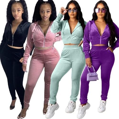 Autumn Women Solid Zipper Up Long Sleeve Hooded Top Pencil Pants Suit Two Piece Set Casual Sporting Tracksuit Outfit