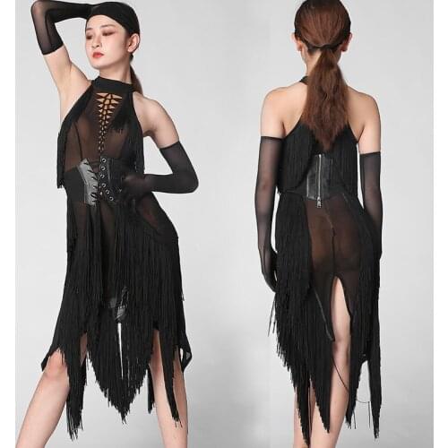 Latin Dance Dress Adults Black Sexy Sleeveless Irregular Fringe Competition Clothes Tango Salsa Cha Cha Samba Rumba DNV13694