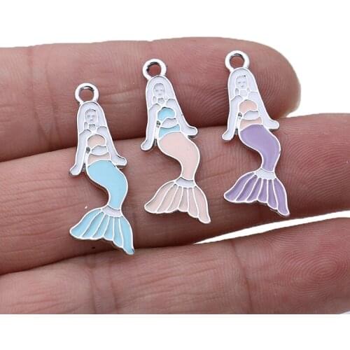 5Pcs Silver Plated Enamel Mermaid Charm Pendant for Jewelry Making Bracelet Necklace DIY Accessories Handmade Craft