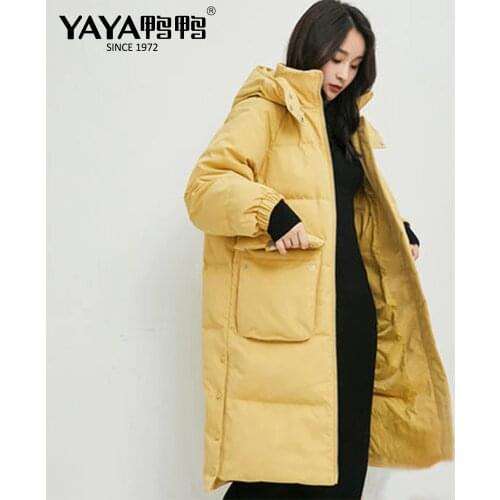 YAYA New Style Long Over-The-Knee Down Jacket Women Thick Casual Loose Down Coat Hooded Warm Outerwear With Large Pockets