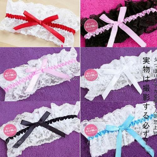Sexy Lingerie Cat Garters Harajuku Wedding Hen Party Bridal Blue Lace Floral Leg Elastic Garter with Ribbon Bow