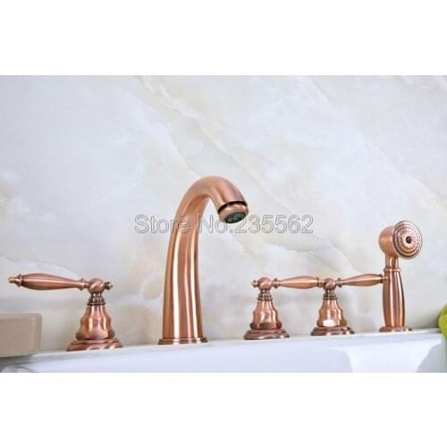 Antique Red Copper Deck Mounted 5 Holes Bath Tub Mixer Faucet Hand Spray Shower lna235