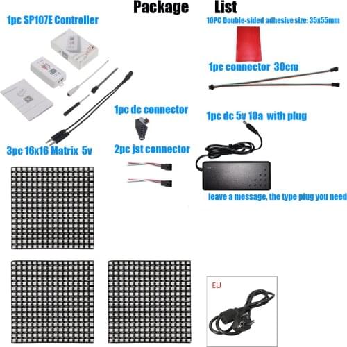 SP107E Matrix kit WIFI RGB SP107E pixel IC SPI Music bluetooth Controller with 3pc ws2812b 16x16 matrix + 1pc 5v 10a adapter