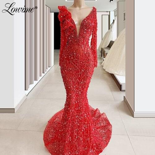 African Newest Beaded Red Evening Party Gowns Mermaid Long Train Prom Dresses 2020 Handmade Crystal Long Sleeve Evening Dresses