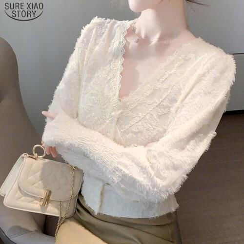 Office V Neck Women Lace Shirt White Black 2021 Autumn Long Sleeve Lace Blouse Women Fashion Button Clothing Blusas 16138