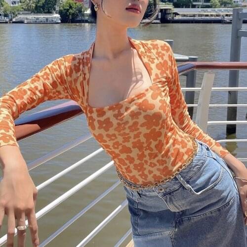 Retro Square Collar See Through Sexy Lady Long Sleeve Tops Orange Floral Printed Boho Elegant Women T Shirts 2021 New Streetwear